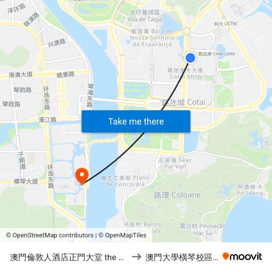 澳門倫敦人酒店正門大堂 the Londoner Macau Main Lobby to 澳門大學橫琴校區中央教學樓東四座 map