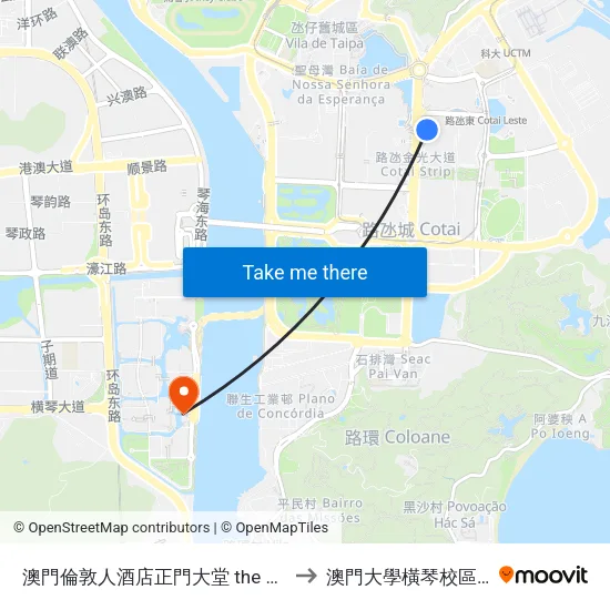 澳門倫敦人酒店正門大堂 the Londoner Macau Main Lobby to 澳門大學橫琴校區中央教學樓東四座 map