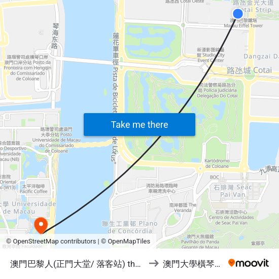 澳門巴黎人(正門大堂/ 落客站) the Parisian Macau (Main Lobby / Drop Off Stop) to 澳門大學橫琴校區中央教學樓東四座 map