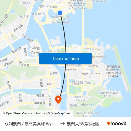 永利澳門 / 澳門美高梅  Wynn Macau / Mgm Macau to 澳門大學橫琴校區中央教學樓東四座 map