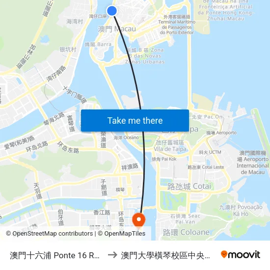 澳門十六浦 Ponte 16 Resort Macau to 澳門大學橫琴校區中央教學樓東四座 map