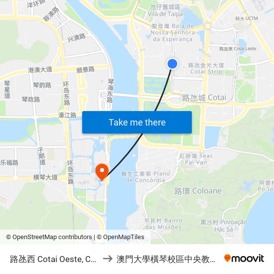 路氹西 Cotai Oeste, Cotai West to 澳門大學橫琴校區中央教學樓東四座 map