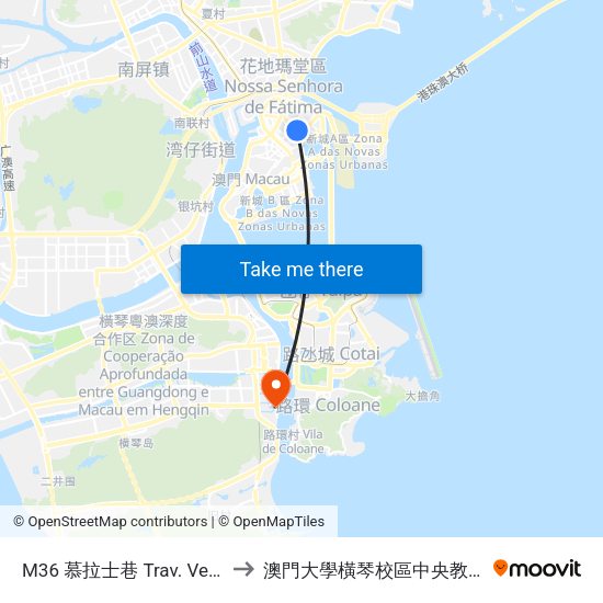 M36 慕拉士巷 Trav. Venc. Morais to 澳門大學橫琴校區中央教學樓東四座 map