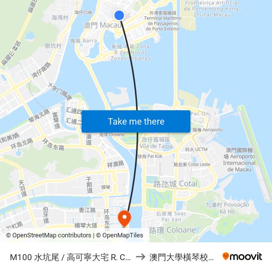 M100 水坑尾 / 高可寧大宅 R. Campo / Mansão Do Kou Ho Neng to 澳門大學橫琴校區中央教學樓東四座 map