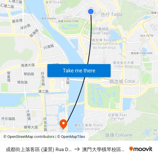 成都街上落客區 (濠景) Rua De Seng Tou (Nova Taipa) to 澳門大學橫琴校區中央教學樓東四座 map