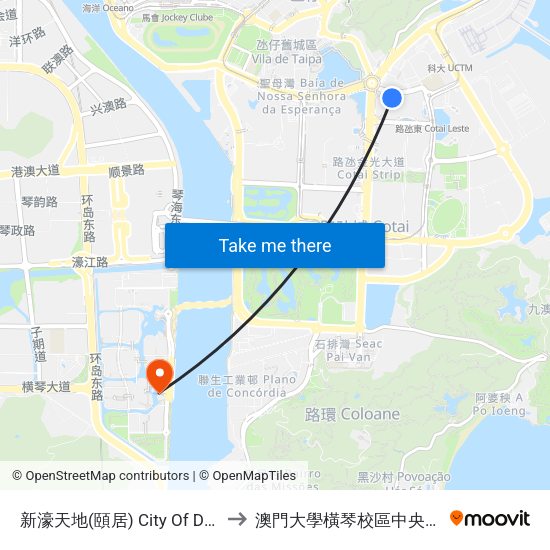 新濠天地(頤居) City Of Dreams (Nuwa) to 澳門大學橫琴校區中央教學樓東四座 map