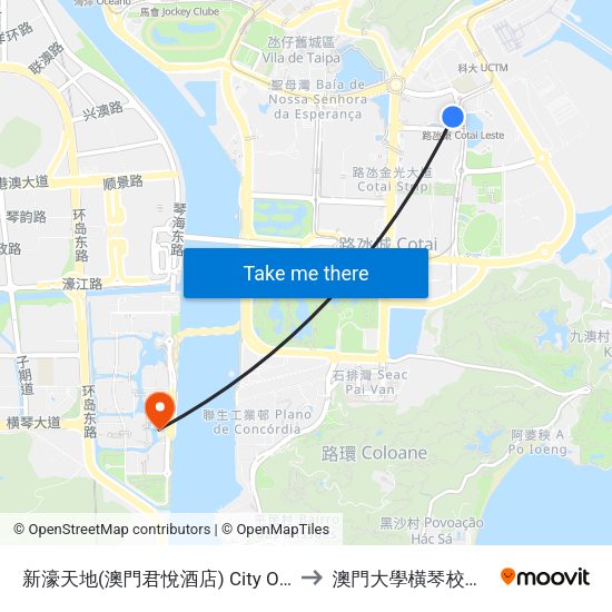 新濠天地(澳門君悅酒店) City Of Dreams (Grand Hyatt Macau) to 澳門大學橫琴校區中央教學樓東四座 map
