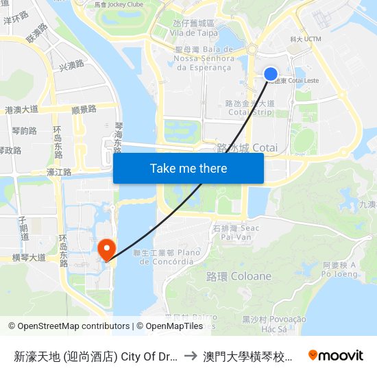 新濠天地 (迎尚酒店) City Of Dreams (The Countdown Hotel) to 澳門大學橫琴校區中央教學樓東四座 map