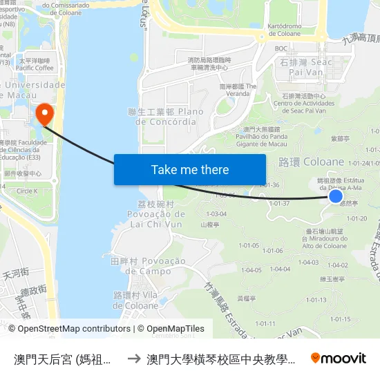 澳門天后宮 (媽祖文化村) to 澳門大學橫琴校區中央教學樓東四座 map