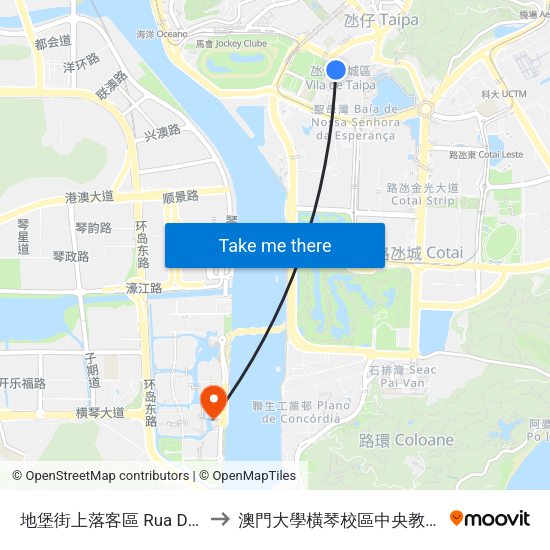 地堡街上落客區 Rua Do Regedor to 澳門大學橫琴校區中央教學樓東四座 map