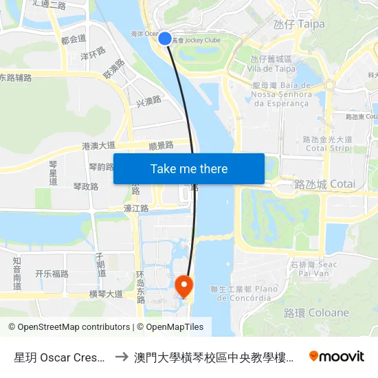 星玥 Oscar Crescent to 澳門大學橫琴校區中央教學樓東四座 map