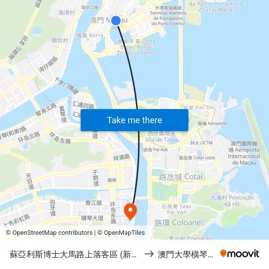 蘇亞利斯博士大馬路上落客區 (新八佰伴) Avenida Dr. Mario Soares (New Yaohan) to 澳門大學橫琴校區中央教學樓東四座 map