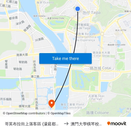 哥英布拉街上落客區 (濠庭都會) Rua De Coimbra (Nova City) to 澳門大學橫琴校區中央教學樓東四座 map