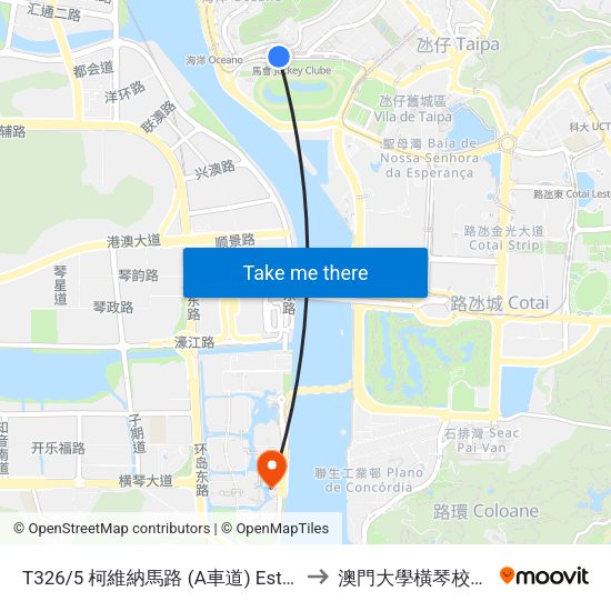 T326/5 柯維納馬路 (A車道) Estrada Gov. A. Oliveira (Via / Lane A) to 澳門大學橫琴校區中央教學樓東四座 map