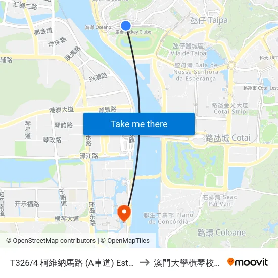 T326/4 柯維納馬路 (A車道) Estrada Gov. A. Oliveira (Via / Lane A) to 澳門大學橫琴校區中央教學樓東四座 map
