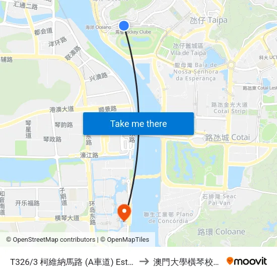 T326/3 柯維納馬路 (A車道) Estrada Gov. A. Oliveira (Via / Lane A) to 澳門大學橫琴校區中央教學樓東四座 map