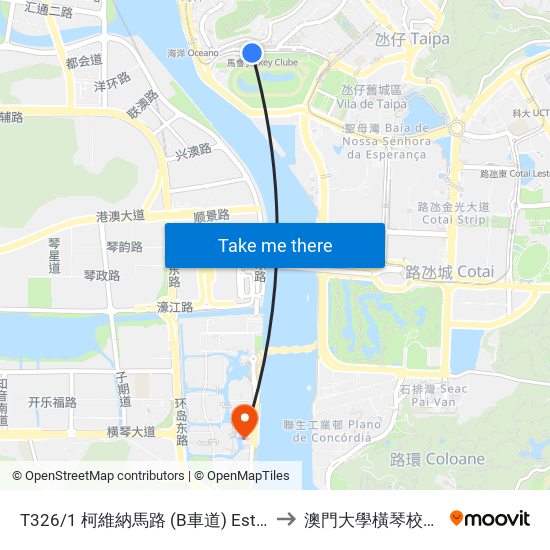 T326/1 柯維納馬路 (B車道) Estrada Gov. A. Oliveira (Via / Lane B) to 澳門大學橫琴校區中央教學樓東四座 map