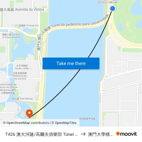 T426 澳大河隧/高爾夫俱樂部  Túnel Da Universidade De Macau / Est. Do Dique Oeste / Clube De Golfe to 澳門大學橫琴校區中央教學樓東四座 map