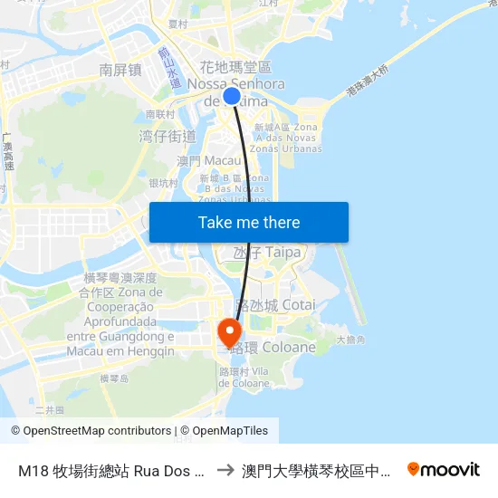 M18 牧場街總站 Rua Dos Currais / Terminal to 澳門大學橫琴校區中央教學樓東四座 map