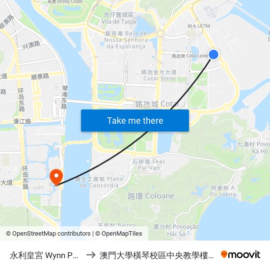 永利皇宮 Wynn Palace to 澳門大學橫琴校區中央教學樓東四座 map