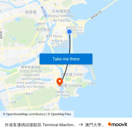 外港客運碼頭接駁區 Terminal Marítimo De Passageiros Do Porto Exterior (Macau Outer Harbor Ferry Terminal Interchange) to 澳門大學橫琴校區中央教學樓東四座 map