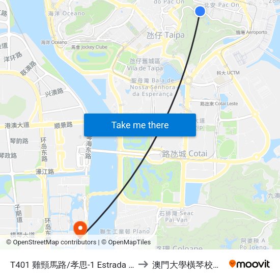T401 雞頸馬路/孝思-1 Estrada Da Ponta Da Cabrita / Hau Si-1 to 澳門大學橫琴校區中央教學樓東四座 map