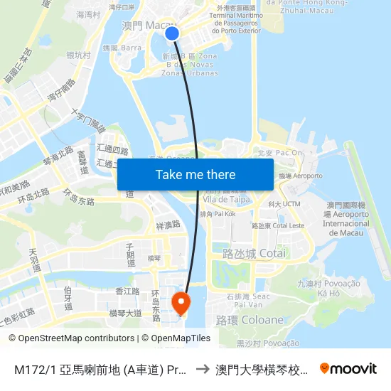 M172/1 亞馬喇前地 (A車道) Praça Ferreira Amaral (Via / Lane A) to 澳門大學橫琴校區中央教學樓東四座 map