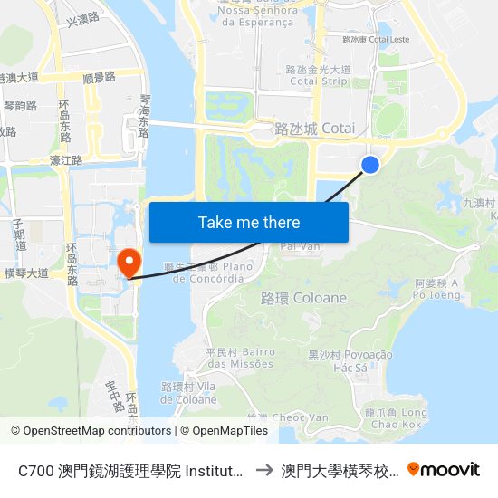 C700 澳門鏡湖護理學院 Instituto De Enfermagem Kiang Wu De Macau to 澳門大學橫琴校區中央教學樓東四座 map