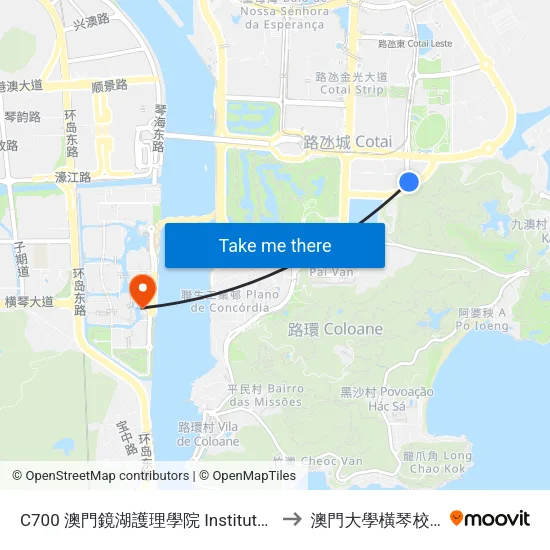 C700 澳門鏡湖護理學院 Instituto De Enfermagem Kiang Wu De Macau to 澳門大學橫琴校區中央教學樓東四座 map
