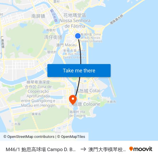 M46/1 鮑思高球場 Campo  D. Bosco, D. Bosco College Sports Centre to 澳門大學橫琴校區中央教學樓東四座 map