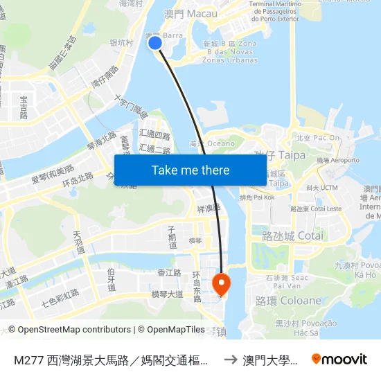 M277 西灣湖景大馬路／媽閣交通樞紐 Avenida Panorâmica Do Lago Sai Van / Centro Modal De Transportes Da Barra to 澳門大學橫琴校區中央教學樓東四座 map