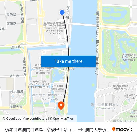 橫琴口岸澳門口岸區 - 穿梭巴士站（落客區） Macau Area Of Hengqin Port Shuttle Stop (Drop Off Area) to 澳門大學橫琴校區中央教學樓東四座 map