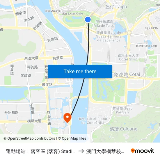 運動場站上落客區 (落客) Stadium Lrt Station (Drop Off Only) to 澳門大學橫琴校區中央教學樓東四座 map