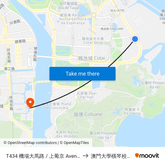 T434 機場大馬路 / 上葡京 Avenida Do Aeroporto / Lisboa Palace to 澳門大學橫琴校區中央教學樓東四座 map