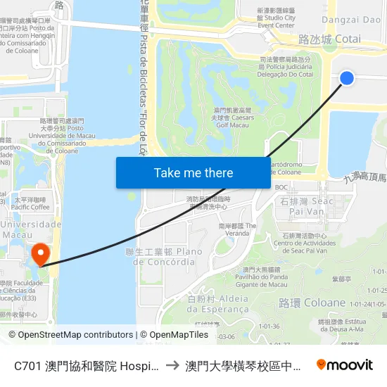 C701 澳門協和醫院 Hospital Macau Union to 澳門大學橫琴校區中央教學樓東四座 map