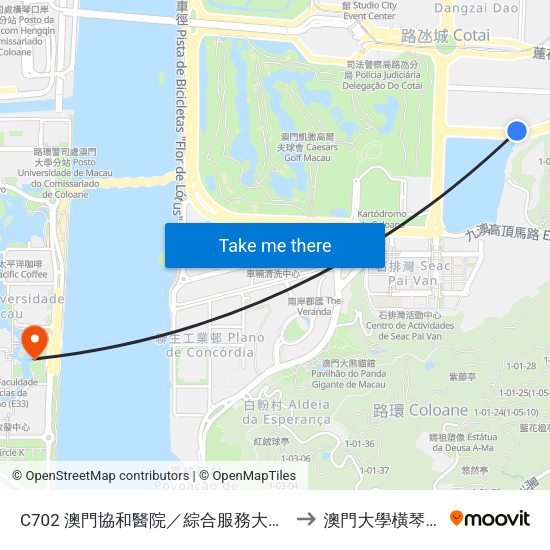 C702 澳門協和醫院／綜合服務大樓 Hospital Macau Union / Edf. De Multi-Serviços to 澳門大學橫琴校區中央教學樓東四座 map