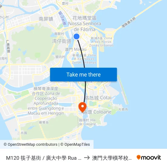 M120 筷子基街 / 廣大中學 Rua De Fai Chi Kei / Esocla Kwong Tai to 澳門大學橫琴校區中央教學樓東四座 map