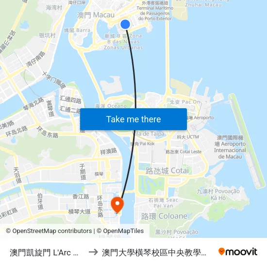 澳門凱旋門 L'Arc Macau to 澳門大學橫琴校區中央教學樓東四座 map