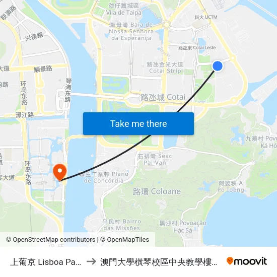 上葡京 Lisboa Palace to 澳門大學橫琴校區中央教學樓東四座 map