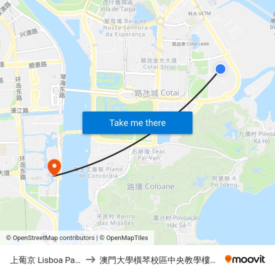 上葡京 Lisboa Palace to 澳門大學橫琴校區中央教學樓東四座 map