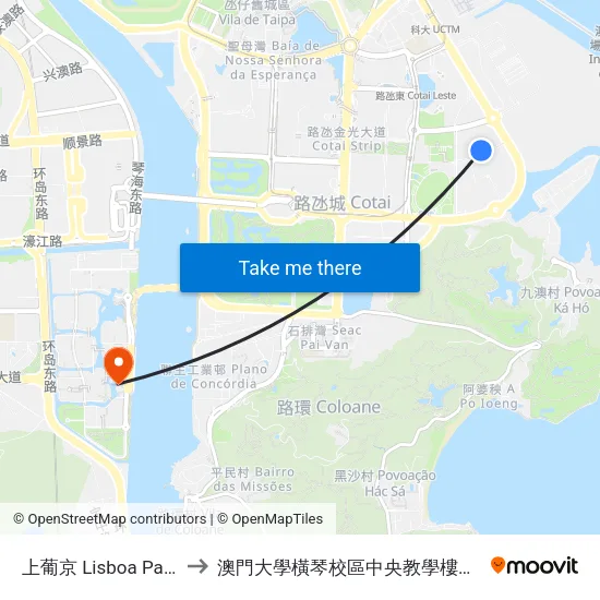 上葡京 Lisboa Palace to 澳門大學橫琴校區中央教學樓東四座 map