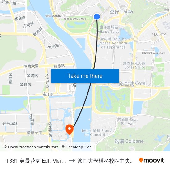 T331 美景花園 Edf. Mei Keng Garden to 澳門大學橫琴校區中央教學樓東四座 map