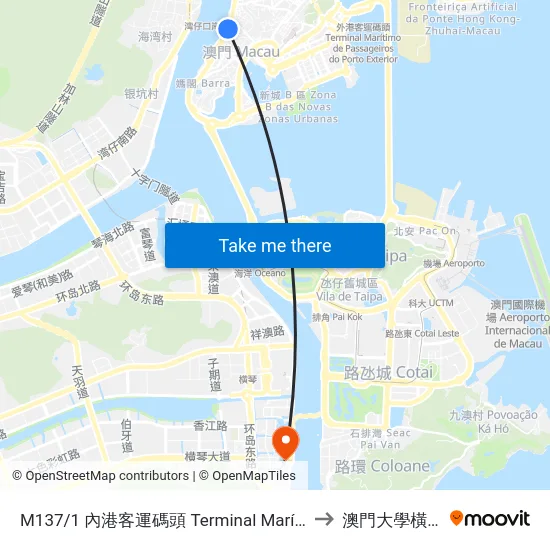 M137/1 內港客運碼頭 Terminal Marítimo De Passageiros Do Porto Interior, Inner Harbour Ferry Terminal to 澳門大學橫琴校區中央教學樓東四座 map