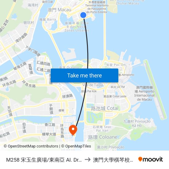 M258 宋玉生廣場/東南亞 Al. Dr. C. D’Assumpção / Tong Nam Ah to 澳門大學橫琴校區中央教學樓東四座 map