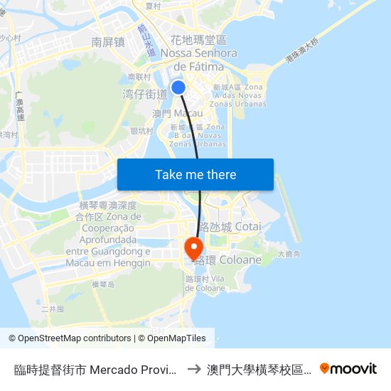 臨時提督街市 Mercado Provisório Do Almirante Lacerda to 澳門大學橫琴校區中央教學樓東四座 map