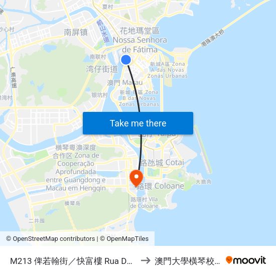 M213 俾若翰街／快富樓 Rua Do Comandante João Belo／Edf.Fai Fu to 澳門大學橫琴校區中央教學樓東四座 map