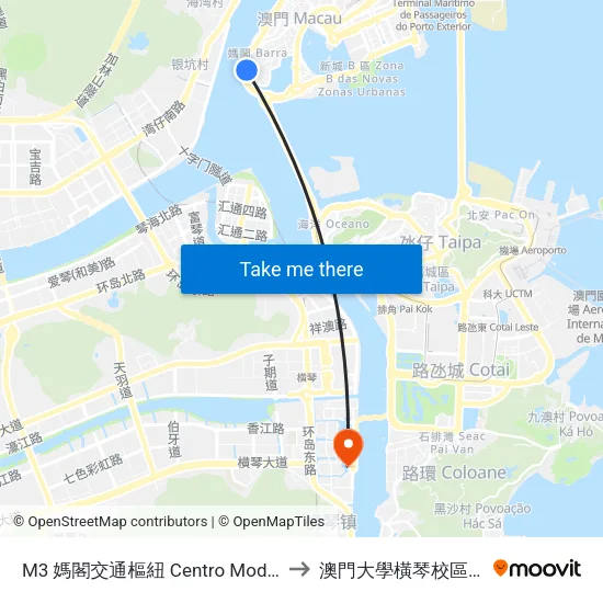 M3 媽閣交通樞紐 Centro Modal De Transportes Da Barra to 澳門大學橫琴校區中央教學樓東四座 map
