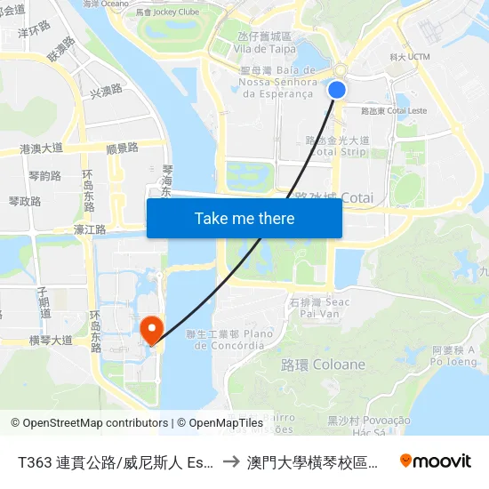 T363 連貫公路/威尼斯人 Est. Do Istmo/ Venetian to 澳門大學橫琴校區中央教學樓東四座 map