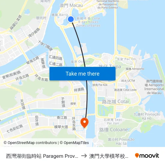 西灣湖街臨時站 Paragem Provisória De Rua Do Lago Sai Van to 澳門大學橫琴校區中央教學樓東四座 map