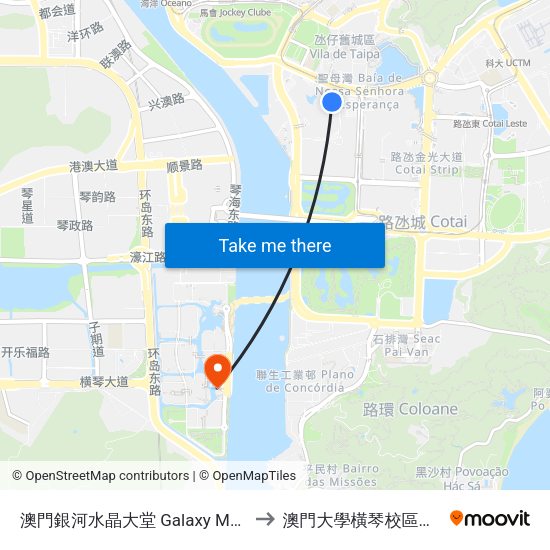 澳門銀河水晶大堂 Galaxy Macau Of Splendid Lobby to 澳門大學橫琴校區中央教學樓東四座 map